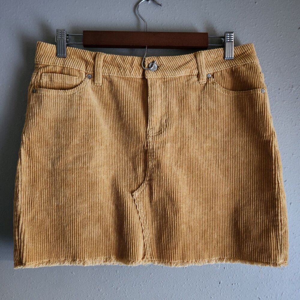 Blue Spice Corduroy Mini Skirt Size 7 Camel Brown Raw Hem Stretch
